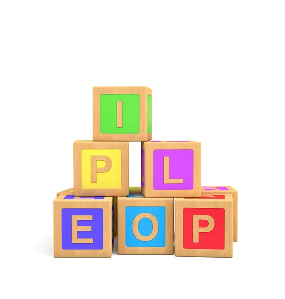 3d визуализация красочных игрушечных блоков с различными английскими буквами, выделенных на белом фоне . — стоковое фото