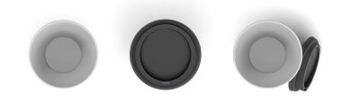 açık, kapalı ve eğilerek kapakları üst görünümden ile üç boş kahve fincan 3D render.
