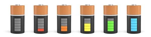 3D-рендеринг шести батарей типа D с индикаторами заряда на различных уровнях энергии . — стоковое фото