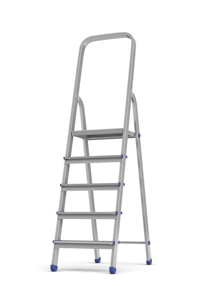 3D-weergave van een ladder stap één metalen bouwers met blauwe hulpstukken geïsoleerd op witte achtergrond. — Stockfoto