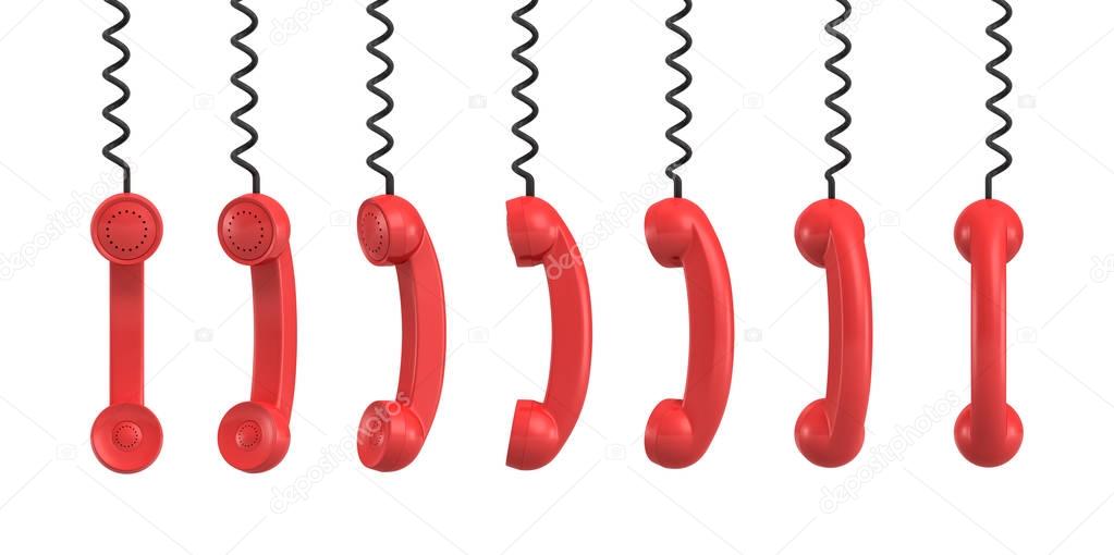 3d rendering of several red retro phone receivers hanging from their black cords on a white background.