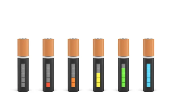 3D рендеринг шести батарей типа ААА с индикаторами заряда на различных уровнях энергии . — стоковое фото
