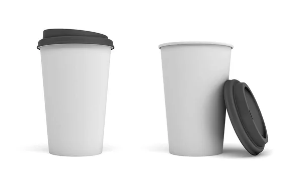 3D-Wiedergabe von zwei weißen Kaffeetassen aus Papier mit schwarzen Deckeln, eine geschlossen und eine offen und an die Tasse gelehnt — Stockfoto