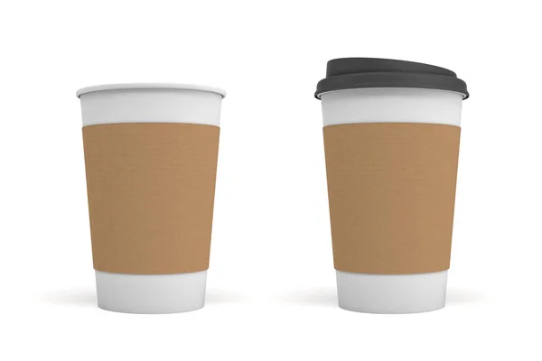 3d rendering of two white coffee cups with carton sleeves one, one cup with a black lid and one open. — Stock Photo, Image