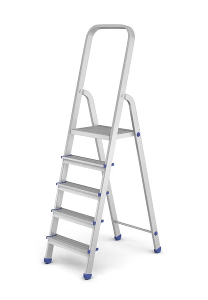 Rendement 3d d'une échelle à marches monobloc avec garnitures bleues isolées sur fond blanc . — Photo
