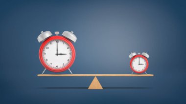iki hemen hemen aynı kırmızı alarm saatler dengeli bir tahterevalli üzerinde büyük ve küçük boyutlu standı 3D render.