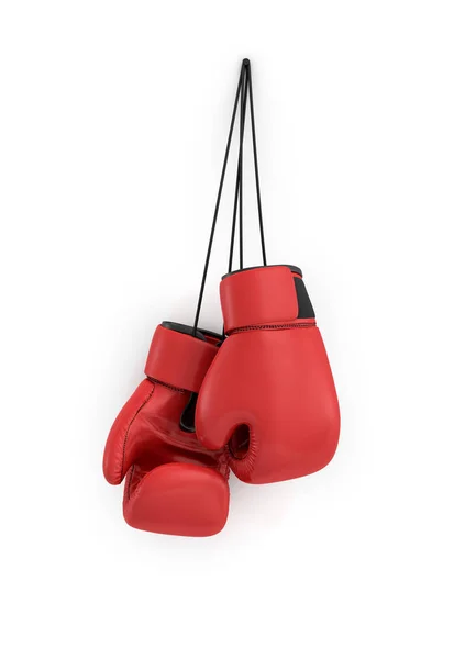 Rendu 3d de deux gants de boxe rouges suspendus sur une longue corde noire sur un fond blanc . — Photo