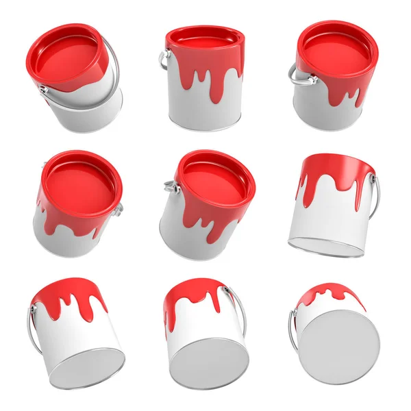 Τρισδιάστατη απεικόνιση του αρκετές κουβάδες βαφής με διαρροή κόκκινη μπογιά σε διαφορετικές γωνίες σε λευκό φόντο. — Φωτογραφία Αρχείου