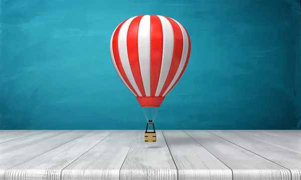 3D vykreslování pruhované bílé a červené horkovzdušném balónu nad dřevěný stůl na modrém pozadí. — Stock fotografie