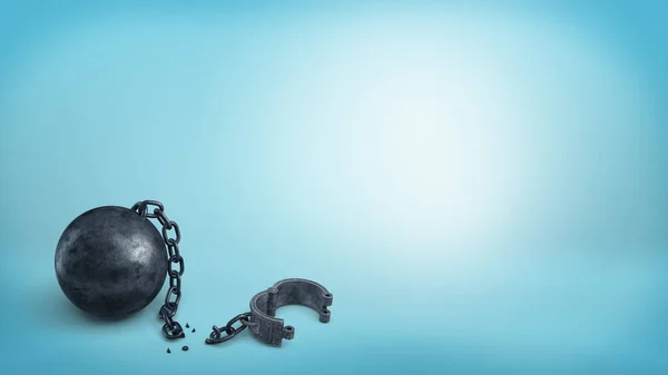 3D-Darstellung einer schwarzen Eisenkugel aus Metall, die durch eine gebrochene Kette von einer Beinmanschette auf blauem Hintergrund getrennt ist. — Stockfoto