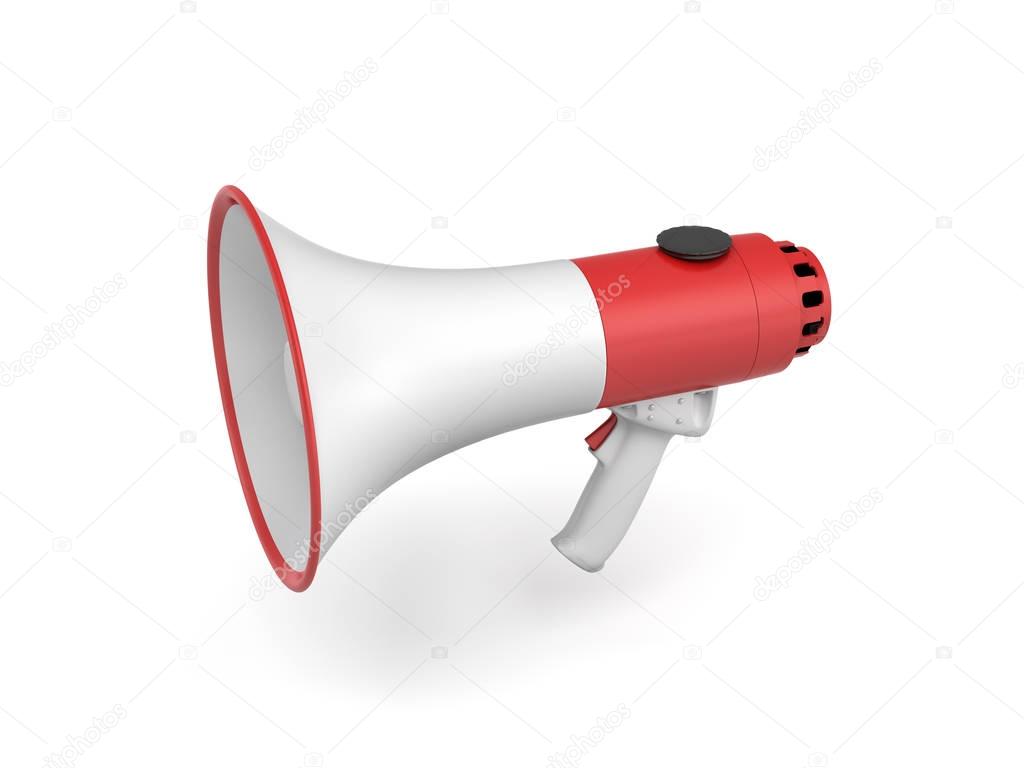 3d rendering of a single red and white megaphone isolated on white background.
