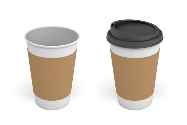 3D-Wiedergabe von zwei weißen Kaffeetassen mit Kartonhüllen eine, eine Tasse mit schwarzem Deckel und eine offene. — Stockfoto