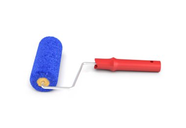 bir boya silindiri ön 3D render görüntülemek kırmızı kolu ve mavi bir kabarık kapak ile.