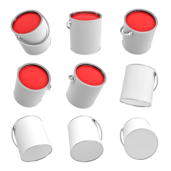 3D-weergave van verschillende verf Emmers met rode verf in verschillende hoeken op een witte achtergrond. — Stockfoto
