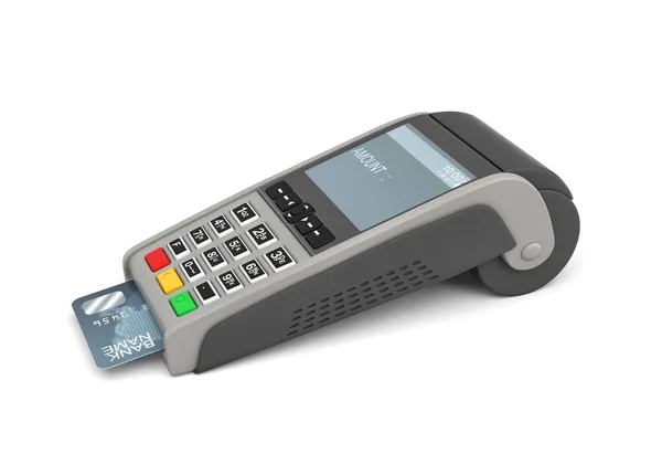 3D-Rendering eines Kartenzahlungsterminals mit einer aufgeklebten Plastikkarte auf weißem Hintergrund. — Stockfoto