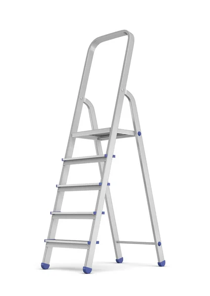 3D-weergave van een ladder stap metalen bouwers met blauwe hulpstukken in zijaanzicht op een witte achtergrond. — Stockfoto