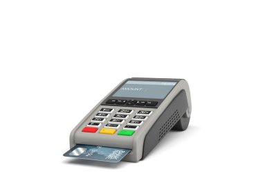 Pos terminali ile içinde genel bir plastik kart ve bir yazı bu miktarı ile bir ekran 3D render.