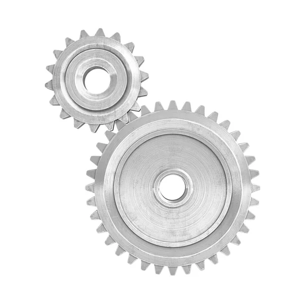 3d rendering of a two metal gears of different size connected to each other on a white background. — Stock Photo, Image