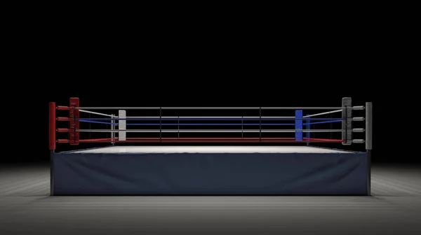 3d rendering of an empty boxing ring in front view spotlighted in the dark.