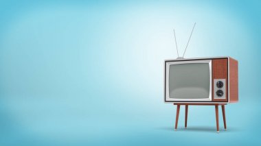3D render bir retro Tv ile uzun bir anten ayarla ve mavi arka plan üzerinde dört ayaklı masada boş bir ekran duruyor.