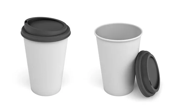 3D-Wiedergabe von zwei weißen Kaffeetassen aus Papier mit schwarzen Deckeln, eine geschlossen und eine offen und an die Tasse gelehnt — Stockfoto