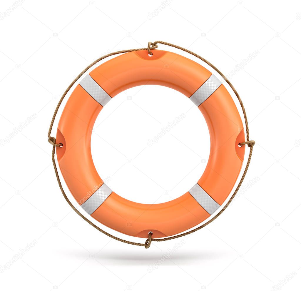 3d rendering of a single isolated orange life buoy hanging over a white background.
