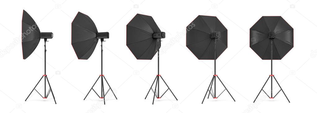 3d rendering of an octobox lighting set on a stand in different angles.