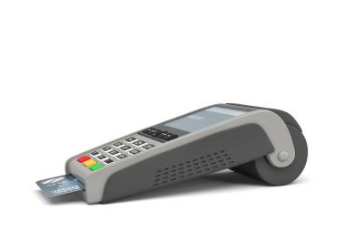 Pos terminali ile içinde genel bir plastik kart ve bir yazı bu miktarı ile bir ekran 3D render.