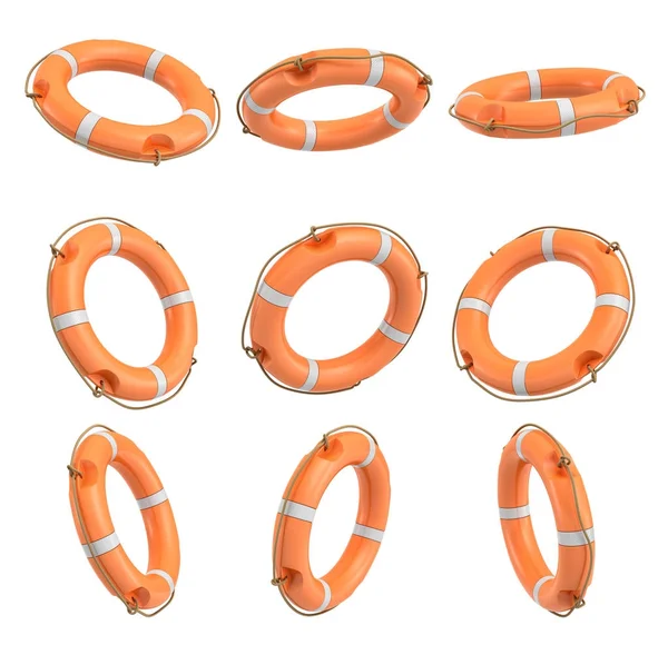 3D рендеринг набора оранжевых буев жизни, висящих на белом фоне под разными углами . — стоковое фото