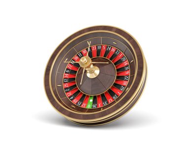 bir izole ahşap casino rulet beyaz zemin üzerine Altın süslemeleri ile 3D render.