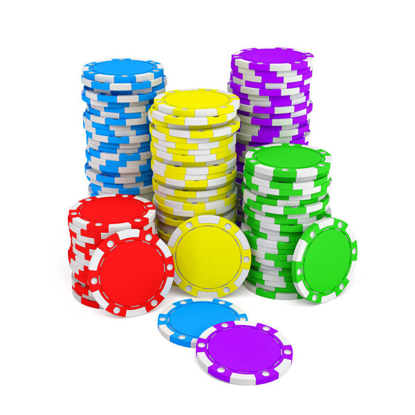 3d rendering of several stacks of gambling chips in green, yellow, red, blue and purple colors on a white background.