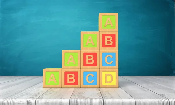 3D-Darstellung mehrerer Spielzeugblöcke mit den Buchstaben a, b, c und d in Treppenform auf einem Holztisch. — Stockfoto