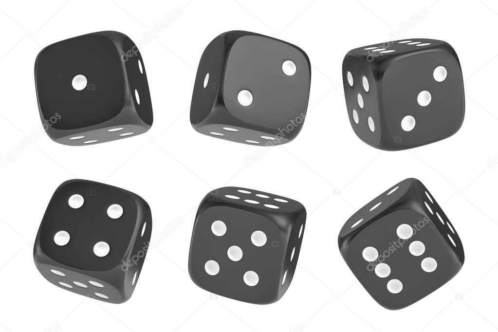 3d rendering of a set of six black dice with white dots hanging in half turn showing different numbers.