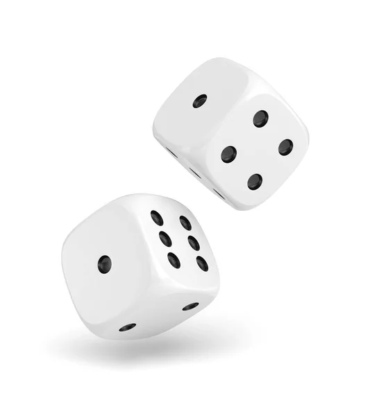 3d rendering of two white dice hanging on a white background — Stock Photo, Image