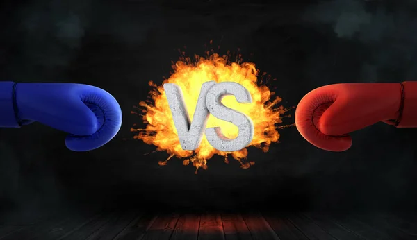 3d rendu de souffle lumineux avec des lettres concrètes VS se tient entre un gant de boxe rouge et bleu . — Photo