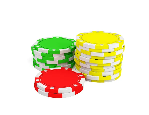 3d rendering of three stacks of gambling chips in green, yellow and red colors on a white background. — Stock Photo, Image