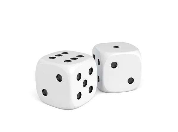 3d rendering of two white dice standing close to each other on a white background. — Stock Photo, Image