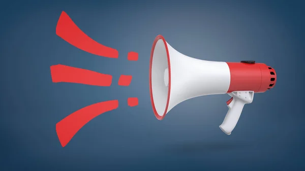 A large red and white megaphone in side view on a blue background with red sound symbols getting out of it. — Stock Photo, Image