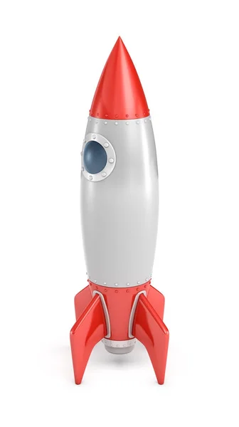 3d rendering of a silver and red rocket ship with a round porthole standing on a white background. — Stock Photo, Image