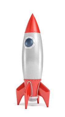 Beyaz bir arka plan üzerinde izole bir yuvarlak Lombar ile tek bir gümüş ve kırmızı roket gemisi 3D render.