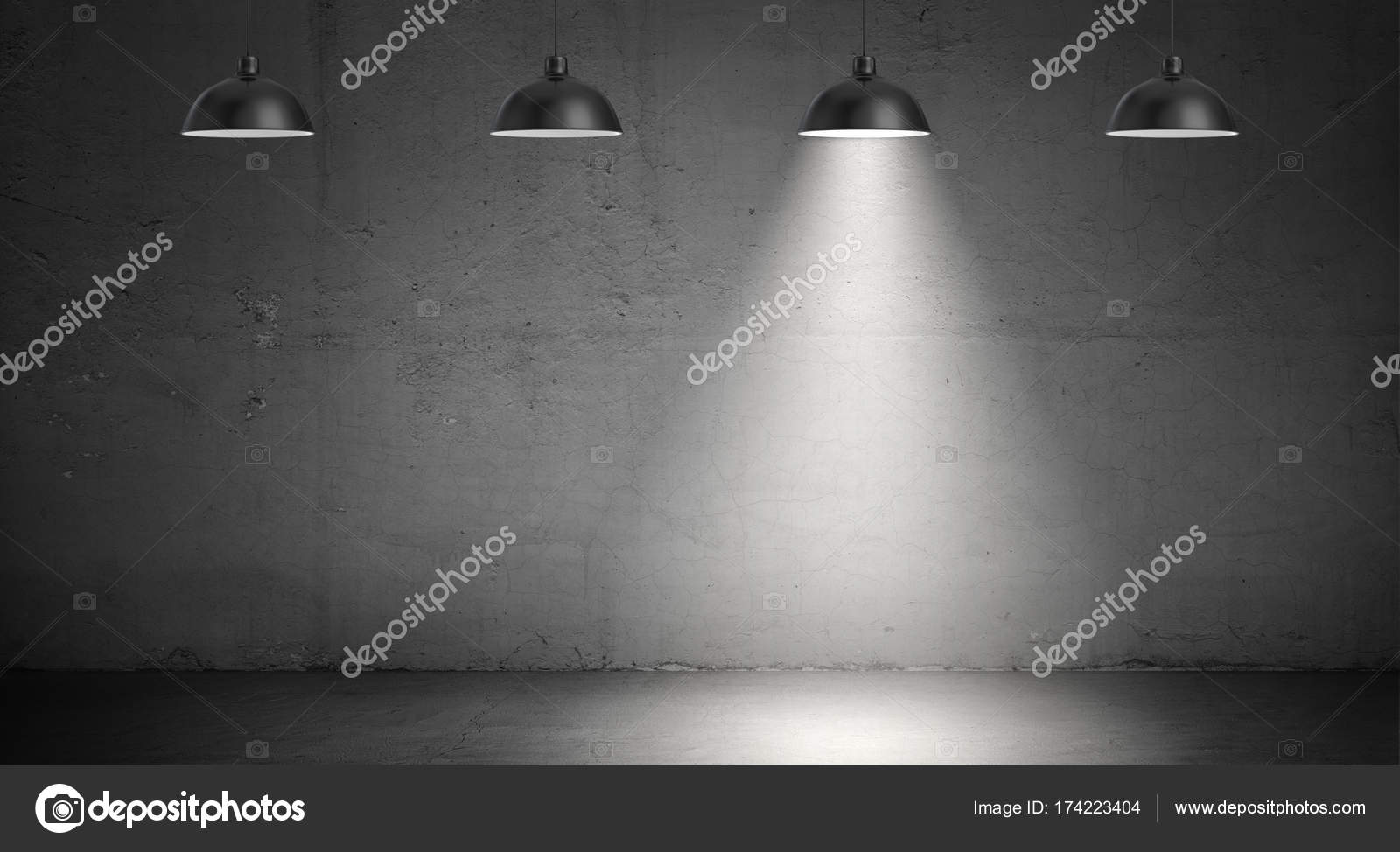3d Rendering Of A Set Four Industrial Lamps Hanging On Concrete Wall Background With Only One Lamp Lit Up Stock Photo By Gearstd 174223404 Concrete Wall Background, How To Hang Lights On Concrete Walls