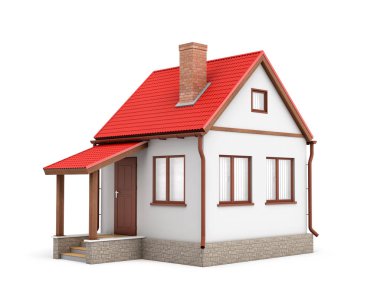 3D render bir baca ve beyaz zemin üzerine kırmızı bir çatı ile küçük bir konut ev.