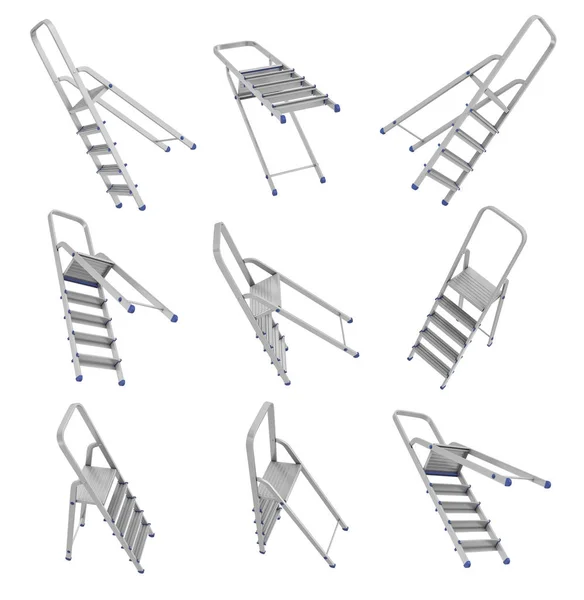 3D-rendering av ett arrangemang av många öppna stål trappstegar på vit bakgrund. — Stockfoto