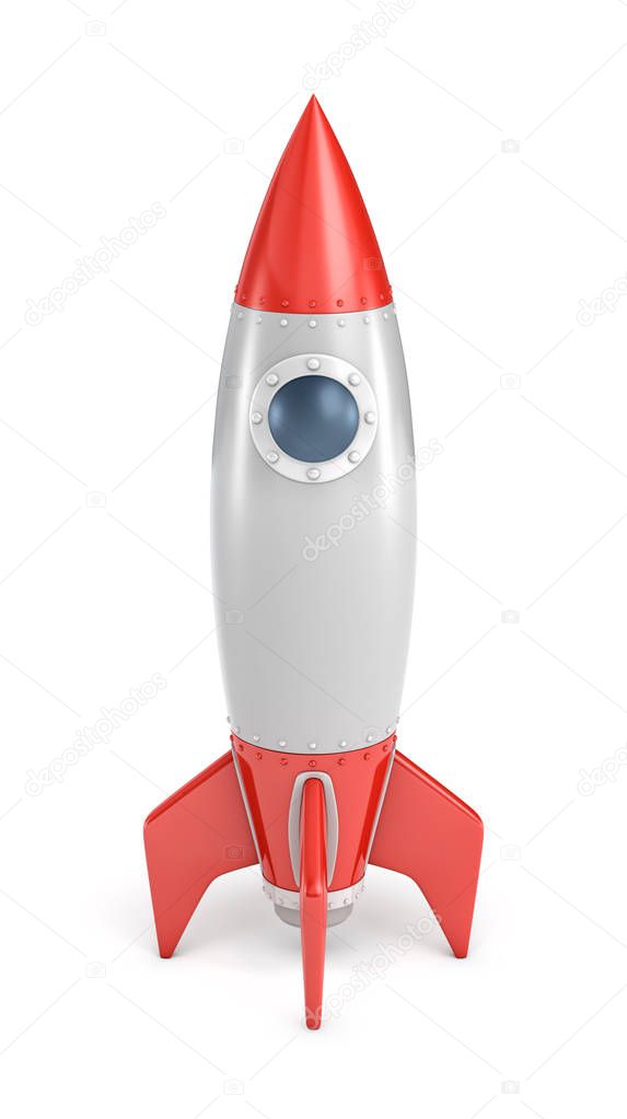 3d rendering of a single silver and red rocket ship with a round porthole isolated on a white background.