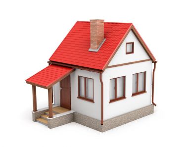 3D render bir baca ve beyaz zemin üzerine kırmızı bir çatı ile küçük bir konut ev.