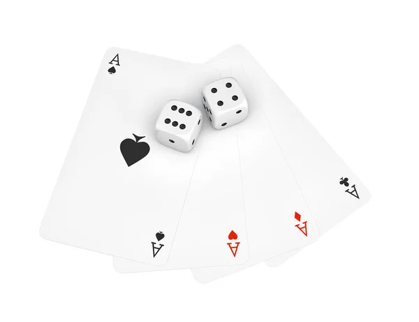 3d rendering of two white dice with four different ace playing cards isolated on a white background. — Stock Photo, Image