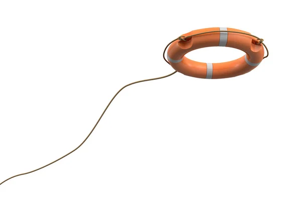 3D renderização de uma única bóia de vida laranja em um fundo branco pendurado em uma corda longa em movimento . — Fotografia de Stock