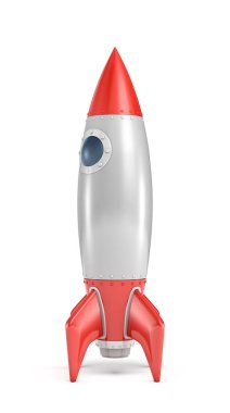 beyaz zemin üzerinde bir yuvarlak Lombar konumu olan gümüş ve kırmızı roket gemisi 3D render.
