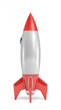 beyaz zemin üzerinde bir yuvarlak Lombar konumu olan gümüş ve kırmızı roket gemisi 3D render.