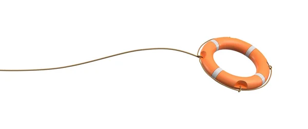 3D рендеринг одного оранжевого буя жизни на белом фоне, висящем на длинной веревке в движении . — стоковое фото